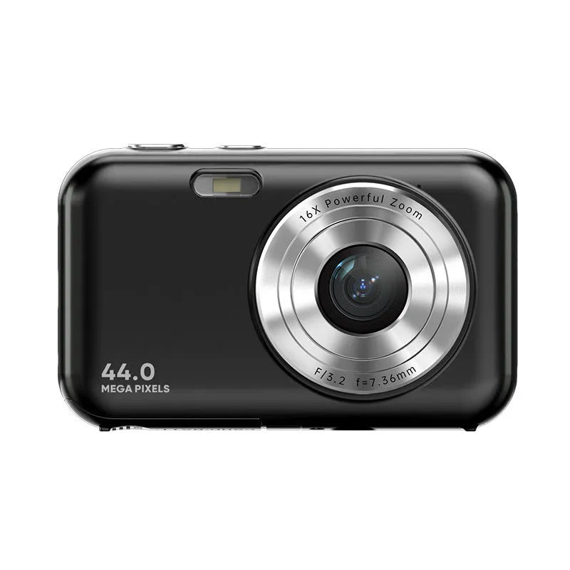 Colourful children's digital camera with 2.4-inch screen showing 44MP and 1080p video capabilities.
