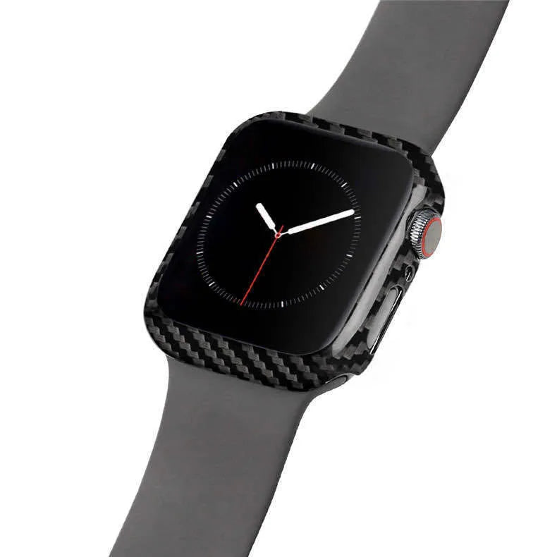 Apple Watch 4 in a slim black leather protective case showing front and side views.