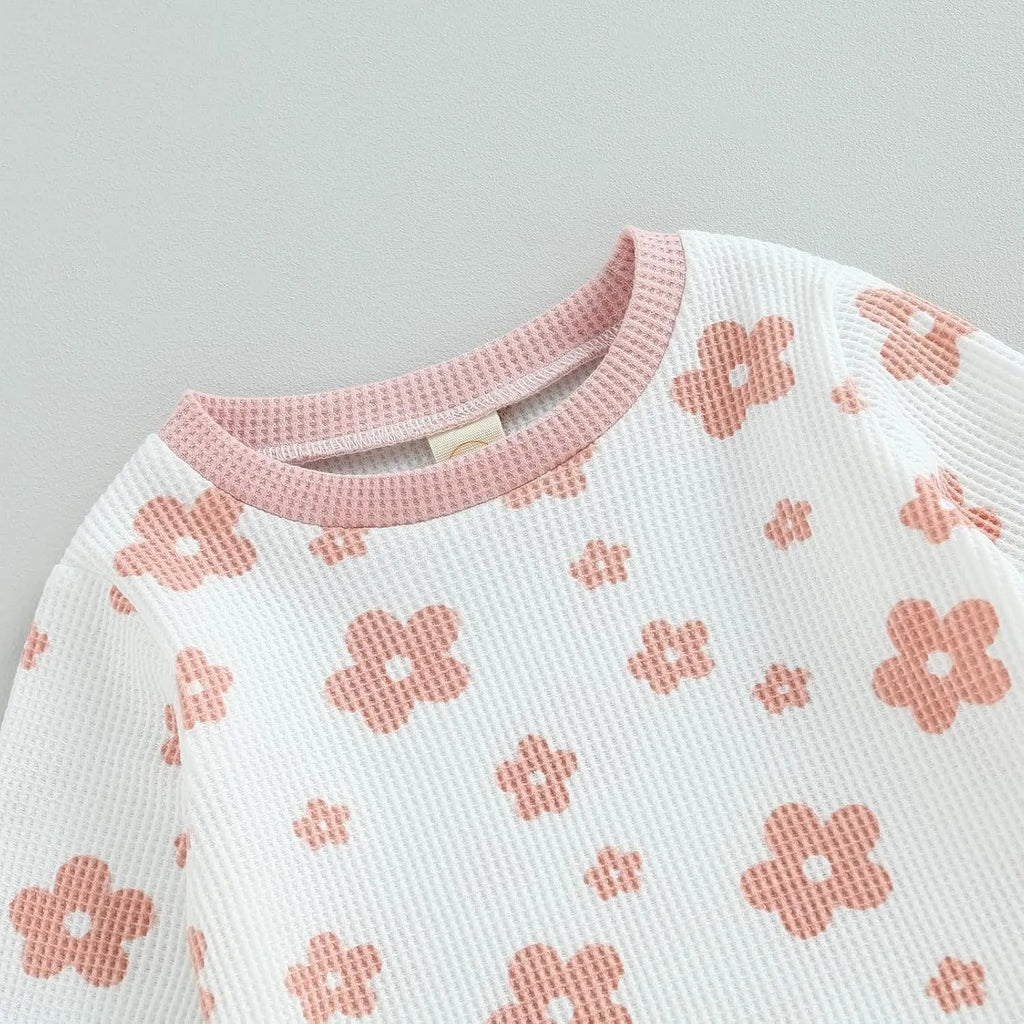 Children's cotton flower print sweater suit set with top and trousers in beige, camel, white, and milky white colours