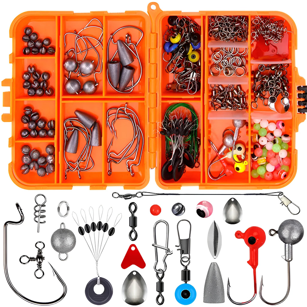 Weihe orange or black ABS plastic box open to show organised compartments filled with 257 fishing hooks and lure accessories.