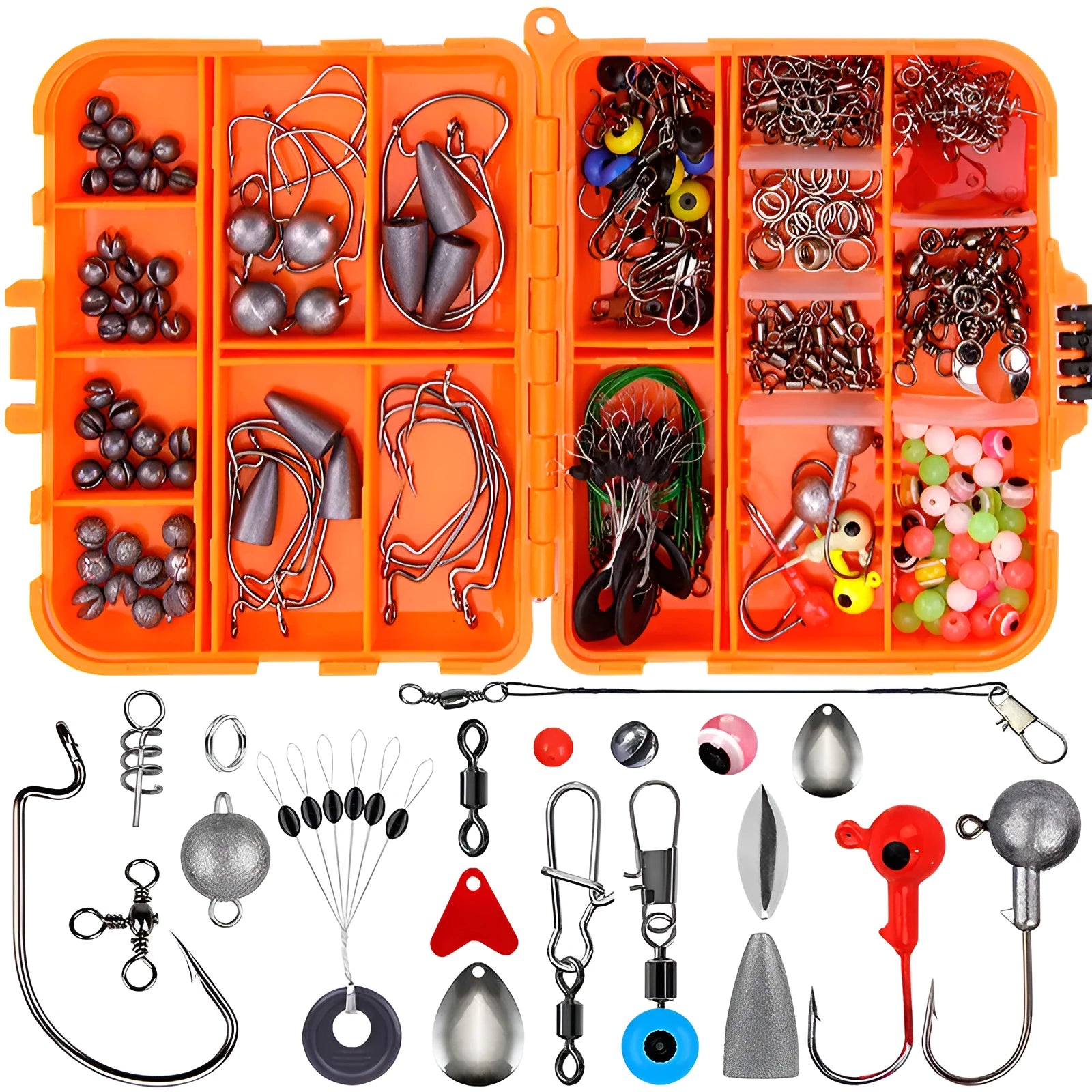 Weihe orange or black ABS plastic box open to show organised compartments filled with 257 fishing hooks and lure accessories.