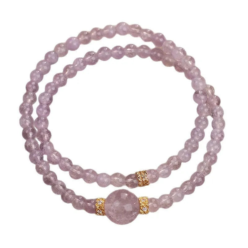 Natural amethyst double ring bracelet in light purple with crystal base, women's style