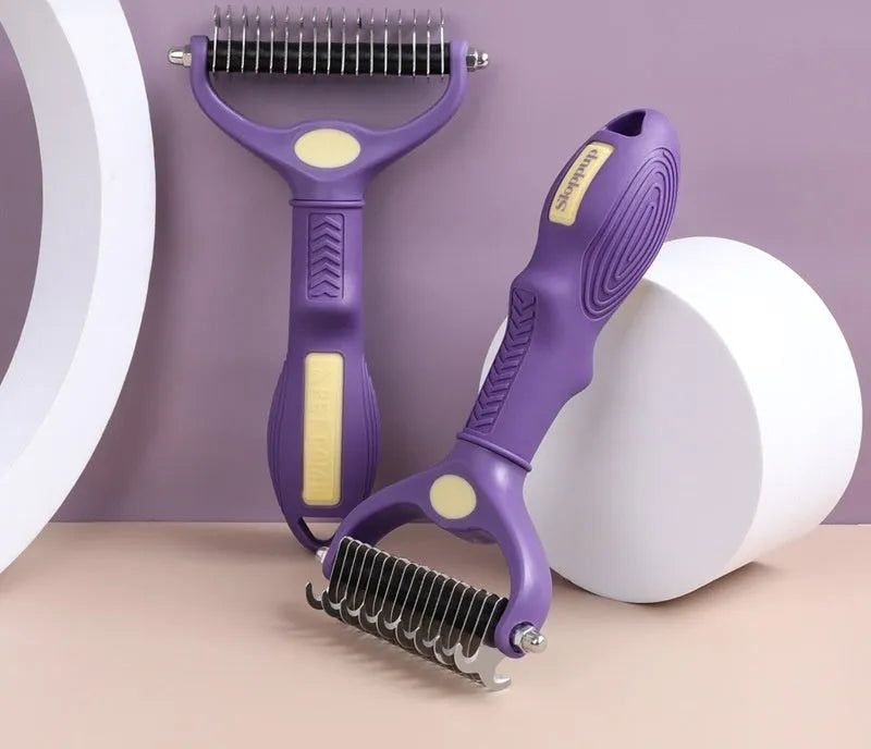 Purple plastic dual-sided pet comb for detangling dog and cat fur knots