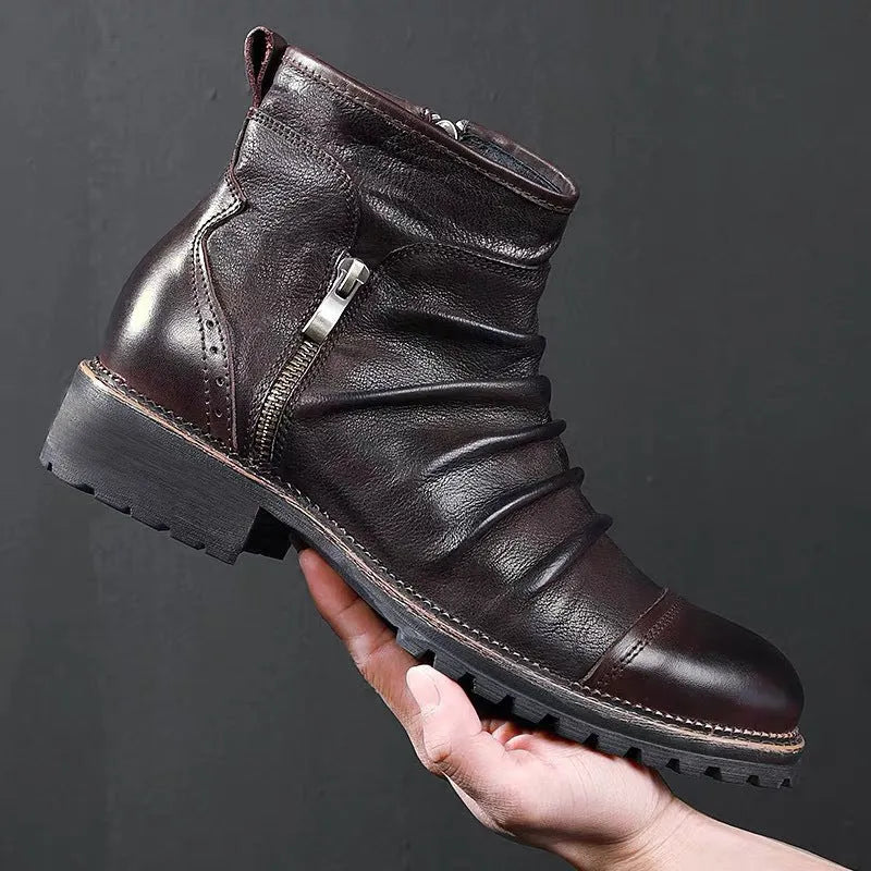 Men's black cowboy boots with side zipper and embossed PU upper