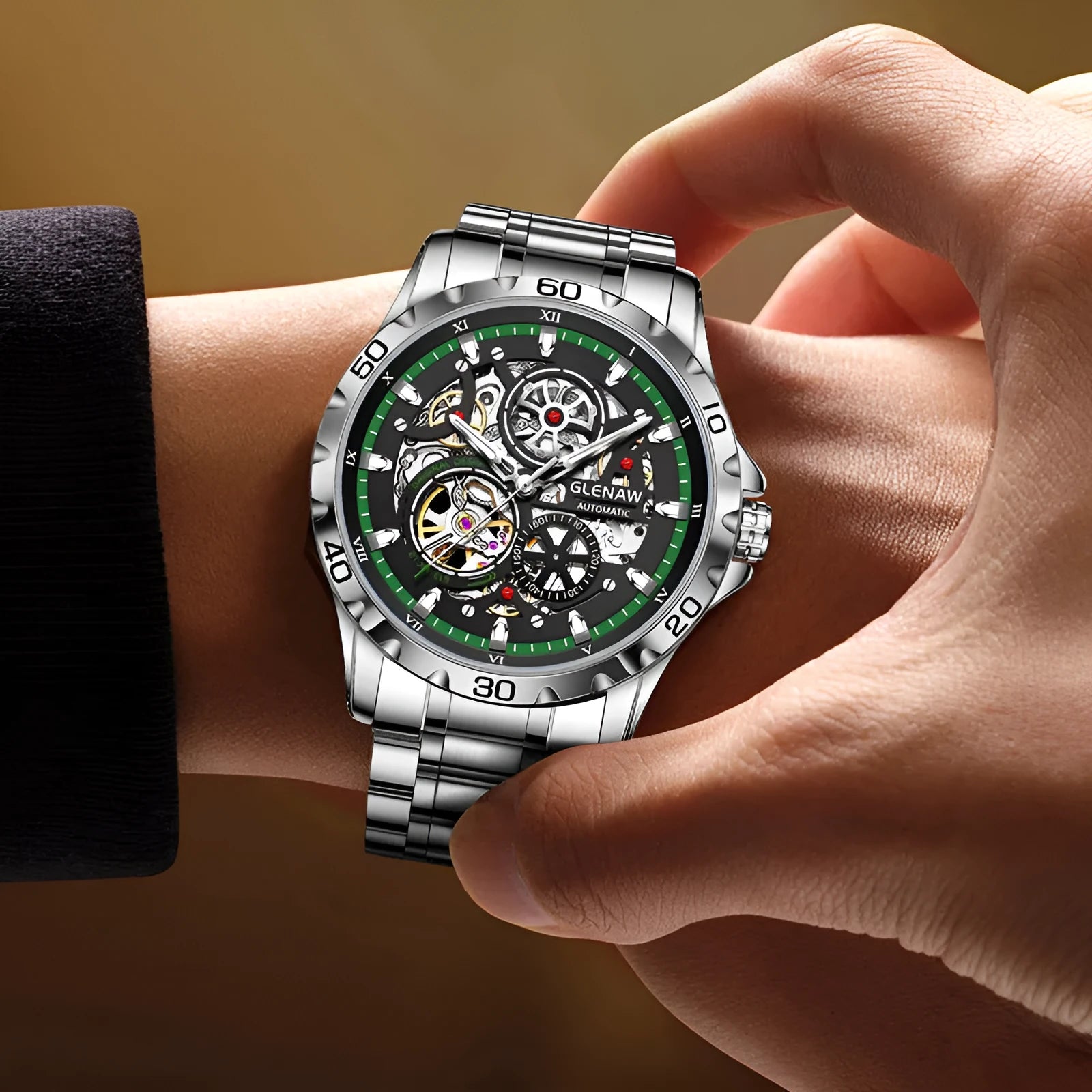Silver stainless steel automatic skeleton watch with luminous markers and transparent case back