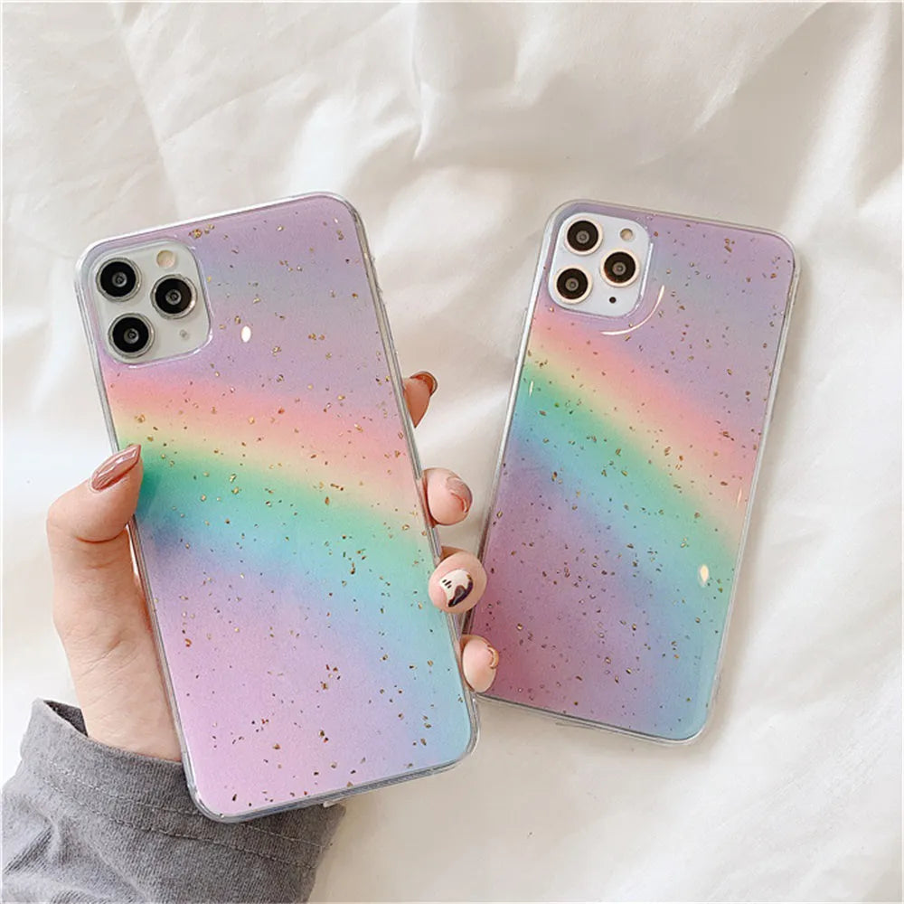 Rainbow gradient coloured TPU protective case for iPhone on a white background.