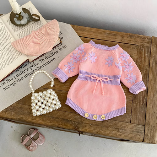 Handmade embroidery long sleeve baby girl jumpsuit in Good Pink cotton, triangle pullover style