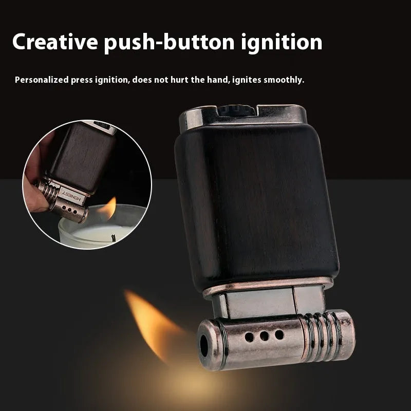 Decorative ebony gas lighter with metal construction showing wood-colour finish options