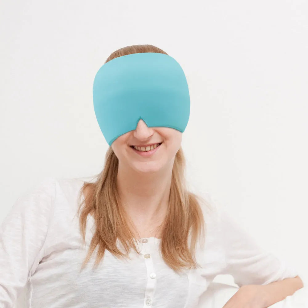 Black elastic cloth gel ice headache relief eye mask showing adjustable headband and cooling gel construction