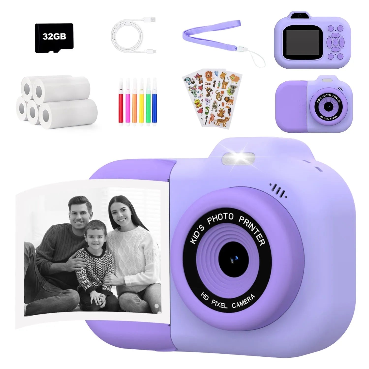 Pink, blue, and purple children's digital camera toy with video recording and photo sticker functions.