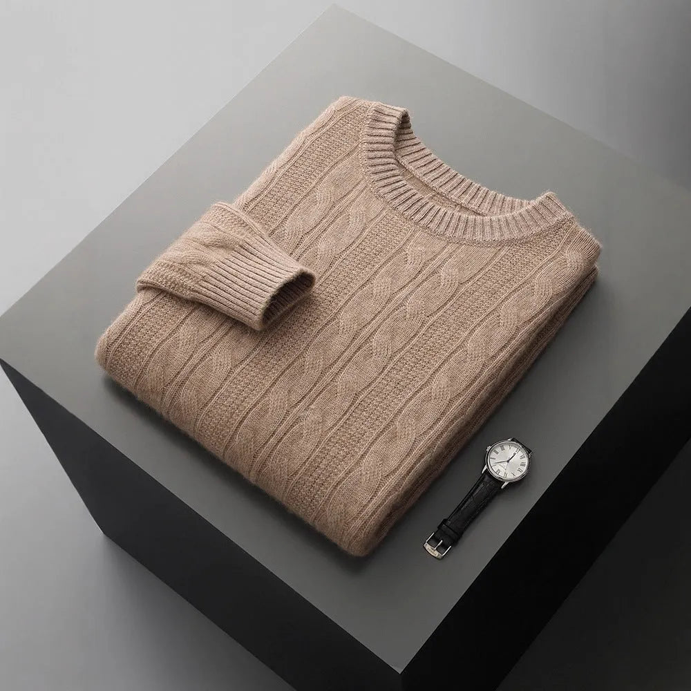 Men's double-strand thickened jacquard knitted sweater in raw velvet camel, loose fit pullover with long sleeves and textured knit pattern.