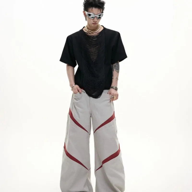 Men's black V-neck loose fit polyester short sleeve T-shirt with three-dimensional cutting