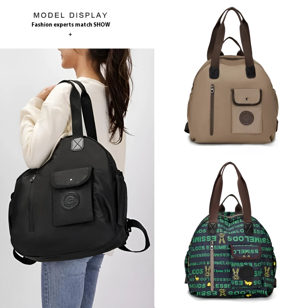Lightweight large capacity nylon backpack for women in black, khaki, or green letters, showing sandwich pocket.