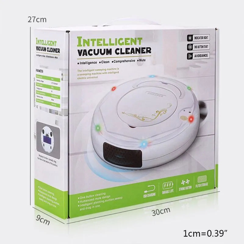 Lazy Smart floor sweeping robot vacuum cleaner in blue, black, or white on a hard floor surface.