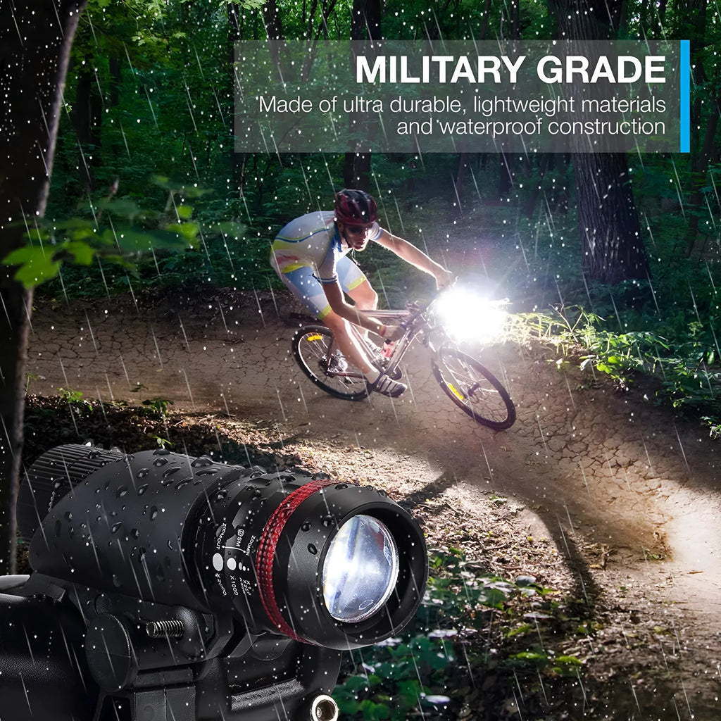 Bicycle headlight and taillight set with a universal handlebar mounting bracket.