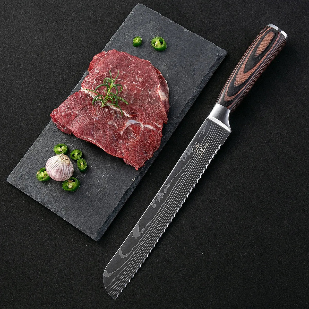 7CR17 stainless steel chef knife with laser Damascus pattern and colour steel handle