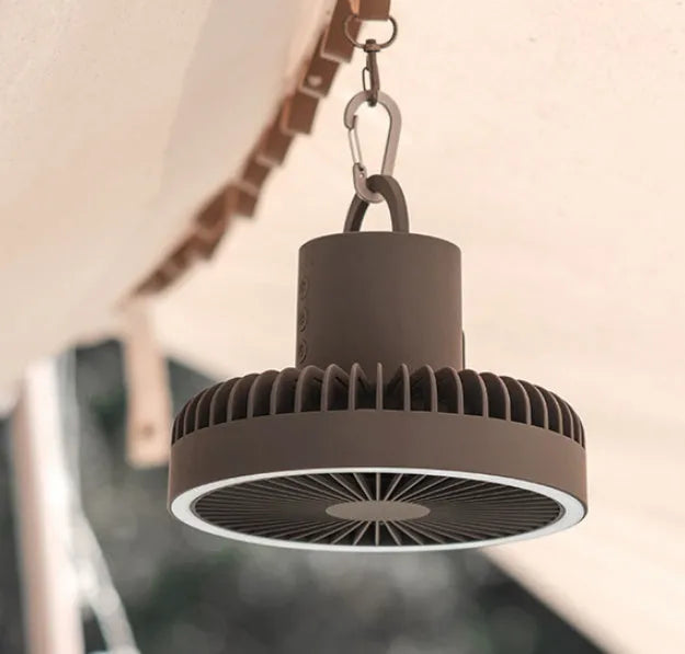 White USB rechargeable camping fan on aluminium tripod showing front view