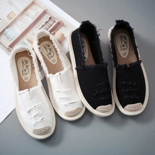 Canvas fisherman shoes for women, black slip-on flat heel low-top with rubber sole