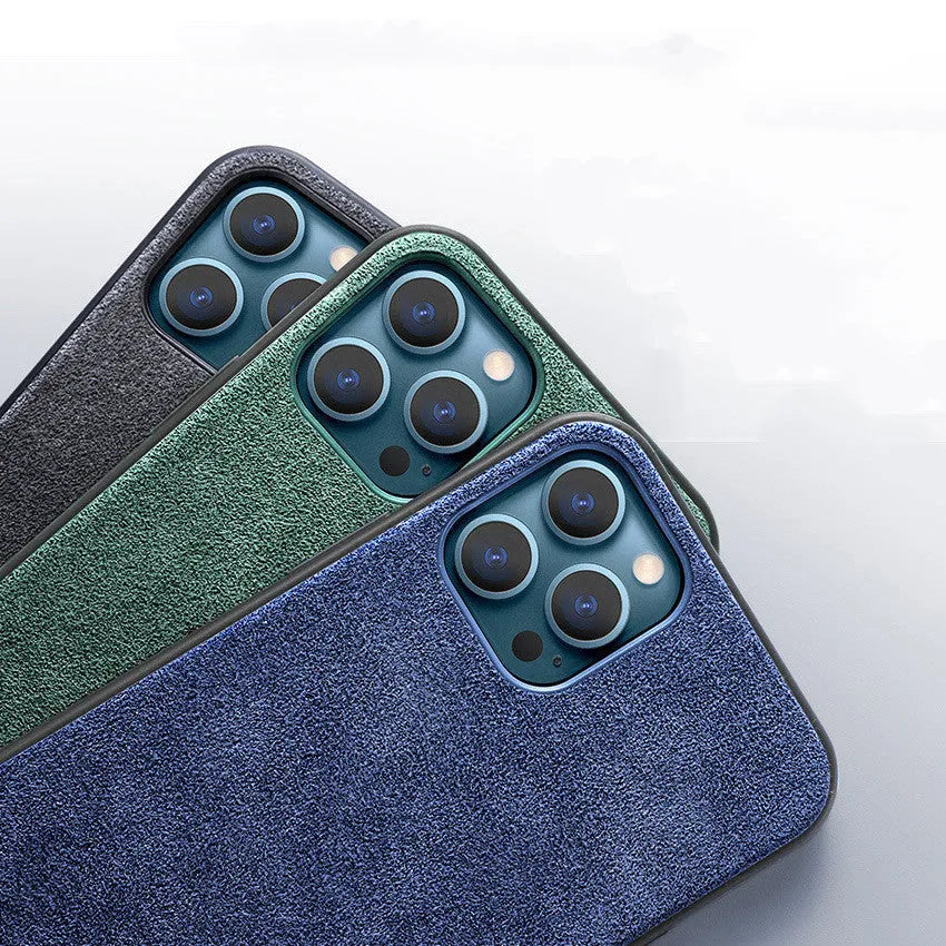 Suede iPhone case in dark blue colour showing full-cover protection and precise cutouts for ports and camera.