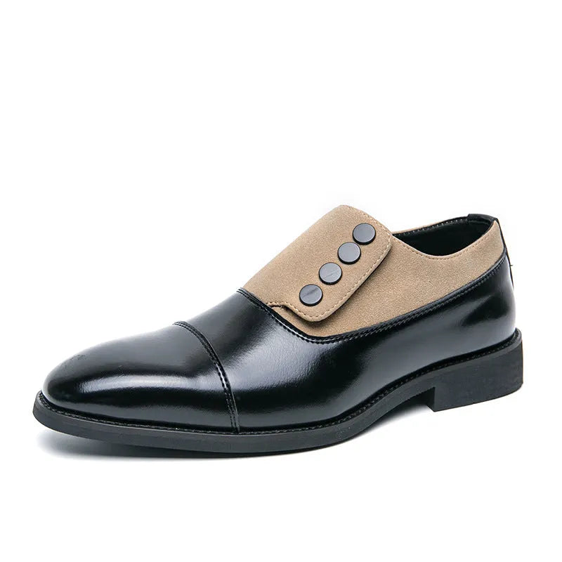 Men's low top pointed round toe button leather slip-on shoes, black, size 40, with rubber sole