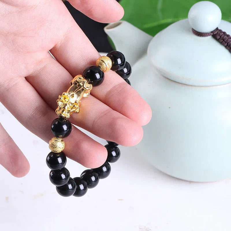 Imitation obsidian 18K gold bracelet with six brave words and little pearl accents