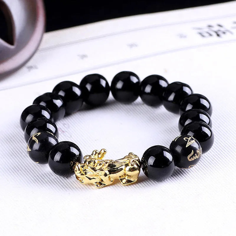 Imitation obsidian 18K gold bracelet with six brave words and little pearl accents