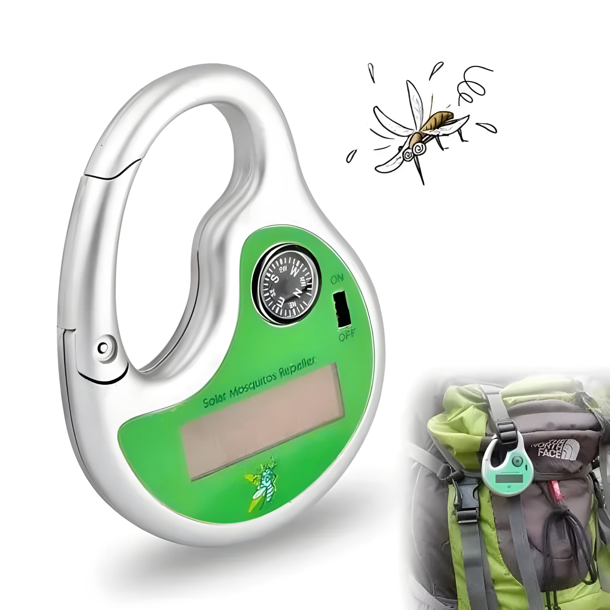 Green portable solar ultrasonic mosquito repellent on grass with sunlight charging