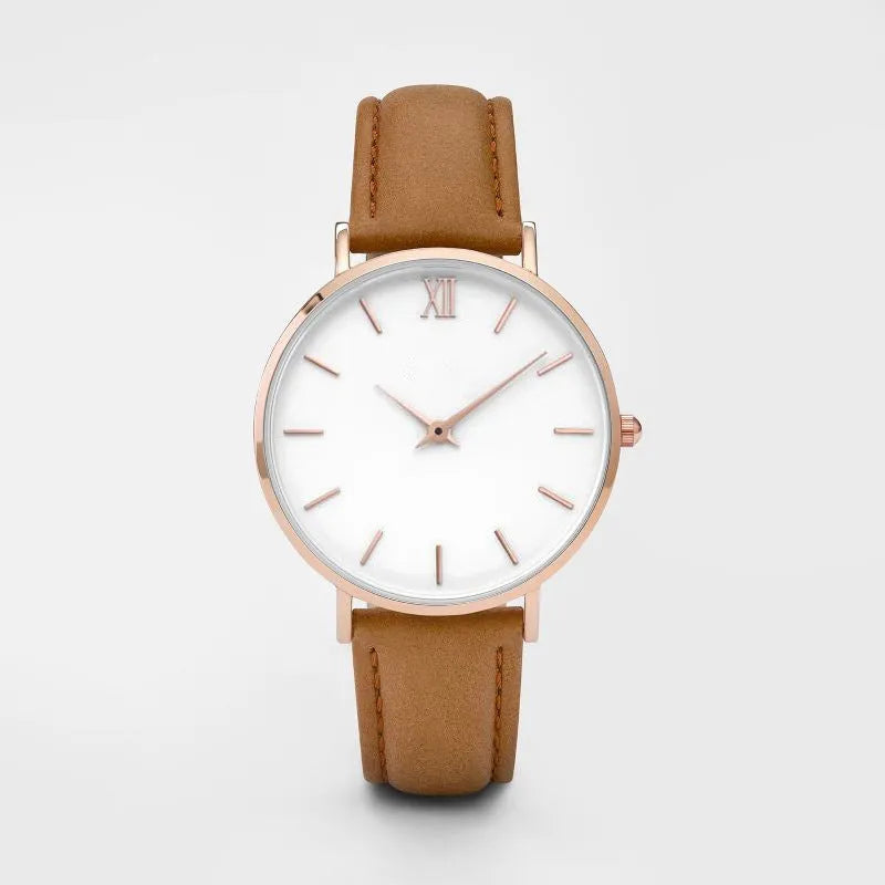 Square quartz watch with PU leather strap and alloy case in a selection of colours on a white background.
