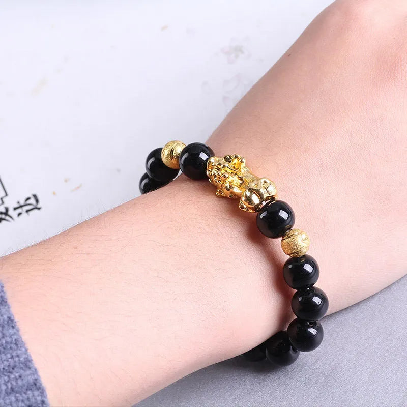 Imitation obsidian 18K gold bracelet with six brave words and little pearl accents