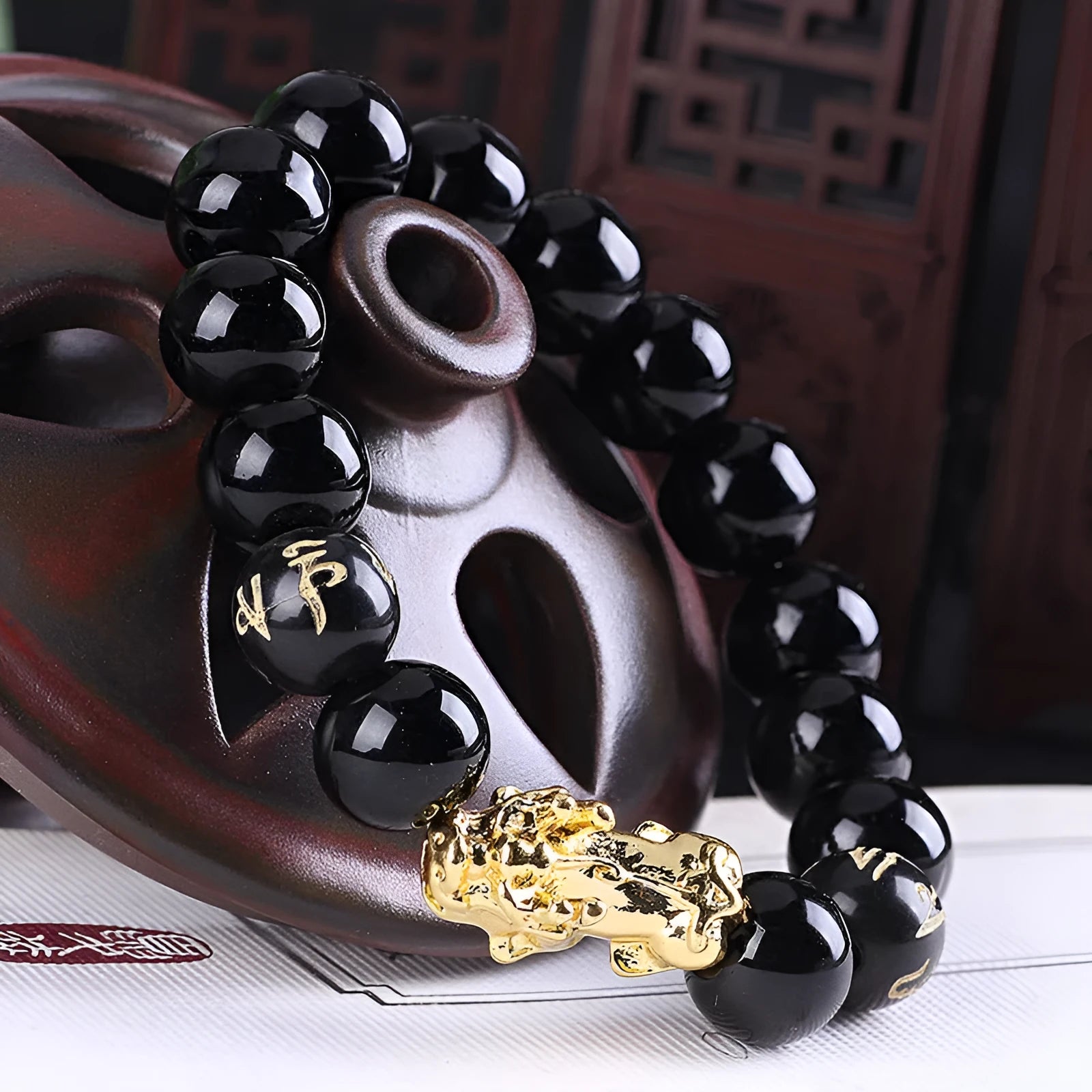 Imitation obsidian 18K gold bracelet with six brave words and little pearl accents