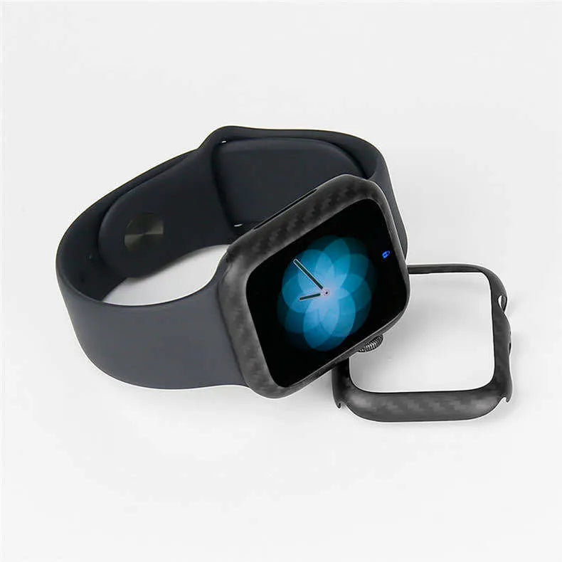 Apple Watch 4 in a slim black leather protective case showing front and side views.