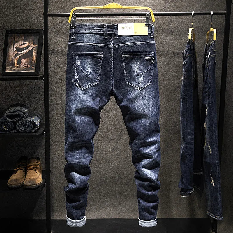 Men's dark blue and light blue skinny fit jeans with micro-elastic denim fabric.