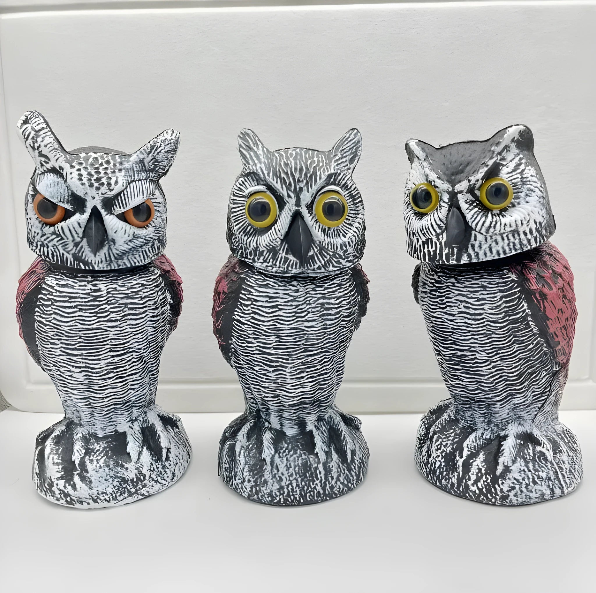 PE plastic artificial owl scarecrow ornament for garden bird deterrent with shaking head design