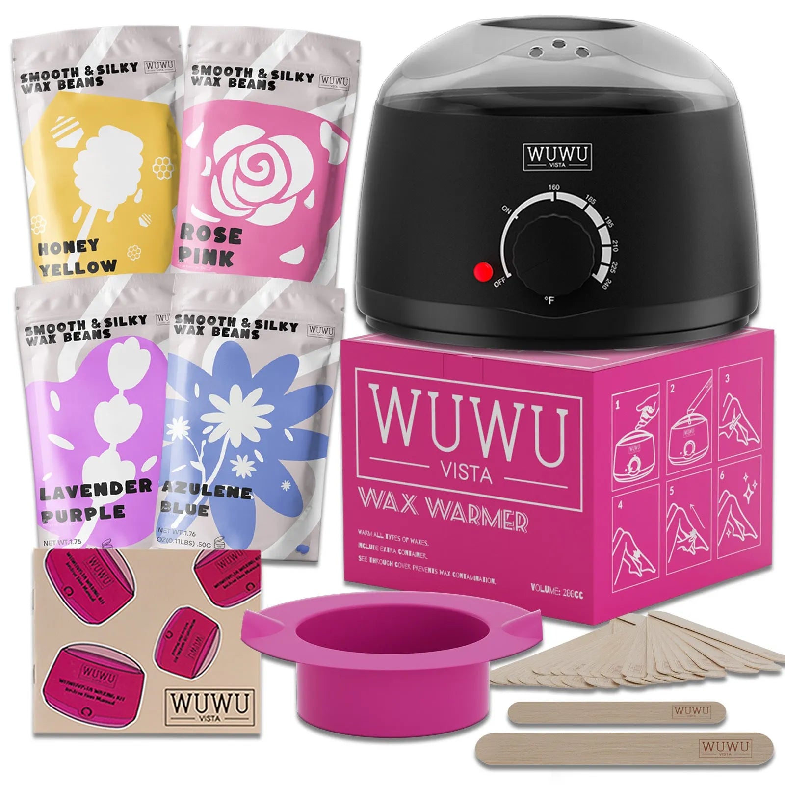 27-piece hair removal wax kit with wax heater machine and four coloured hypoallergenic wax beads
