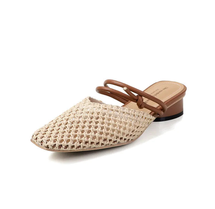 French style women's square toe slippers with hollow-out breathable design and retro thick heel