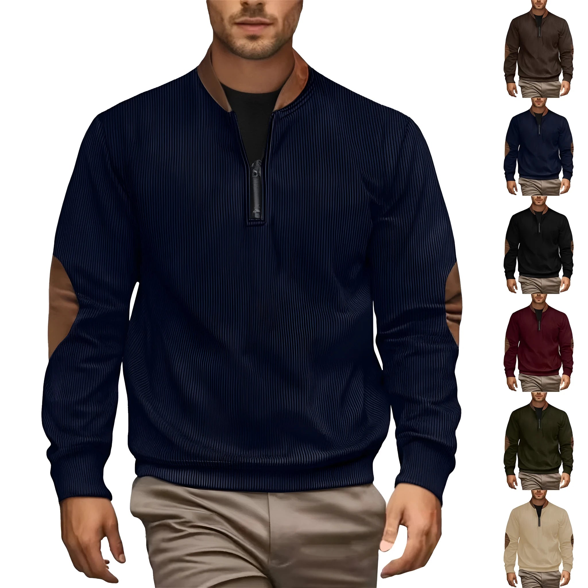 Men's casual corduroy pullover jacket with zip front, long sleeves, no hood, in army green colour
