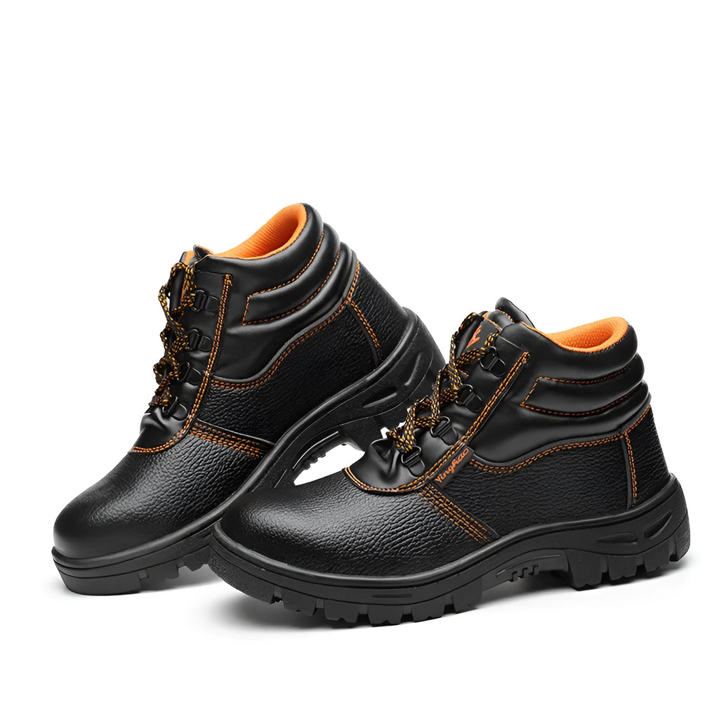 Black steel toe high-top work shoes with microfiber leather upper and rubber sole for heavy-duty safety