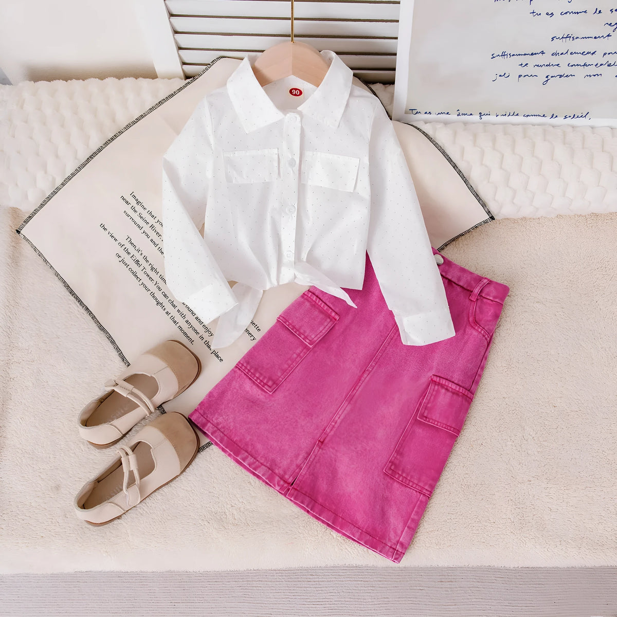 Girls pink knot-front long-sleeve top and denim shorts set, cotton, height 90-140