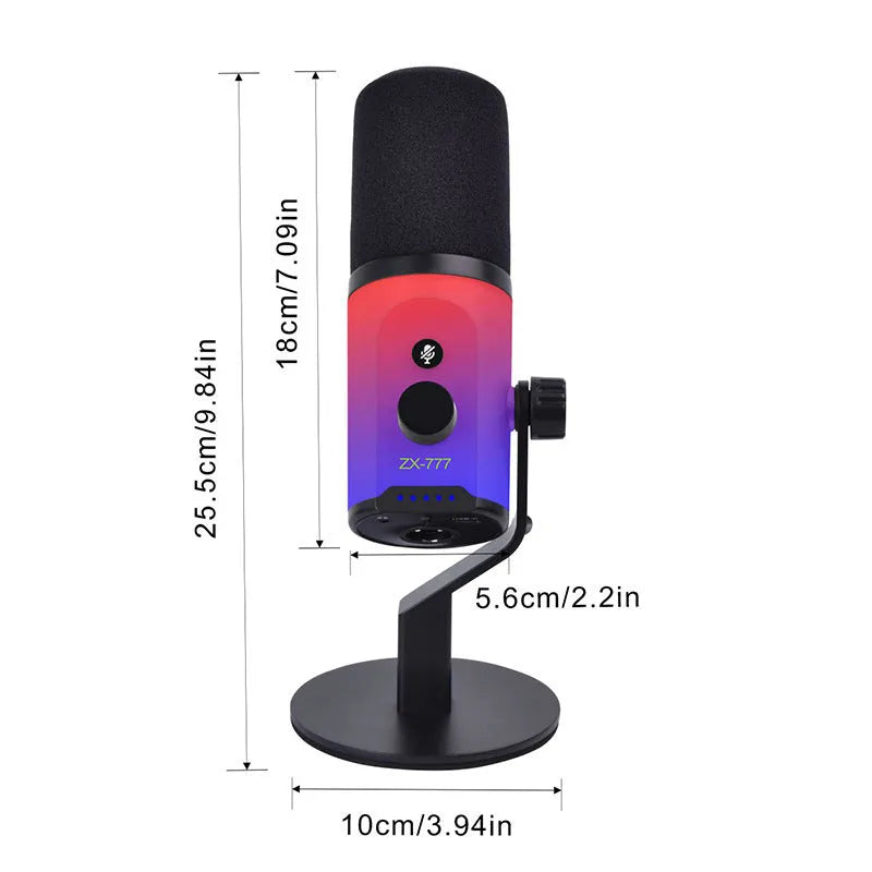 ZX777 moving coil microphone with USB XLR dual-mode interface, noise reduction, and ZX777RGB bracket type