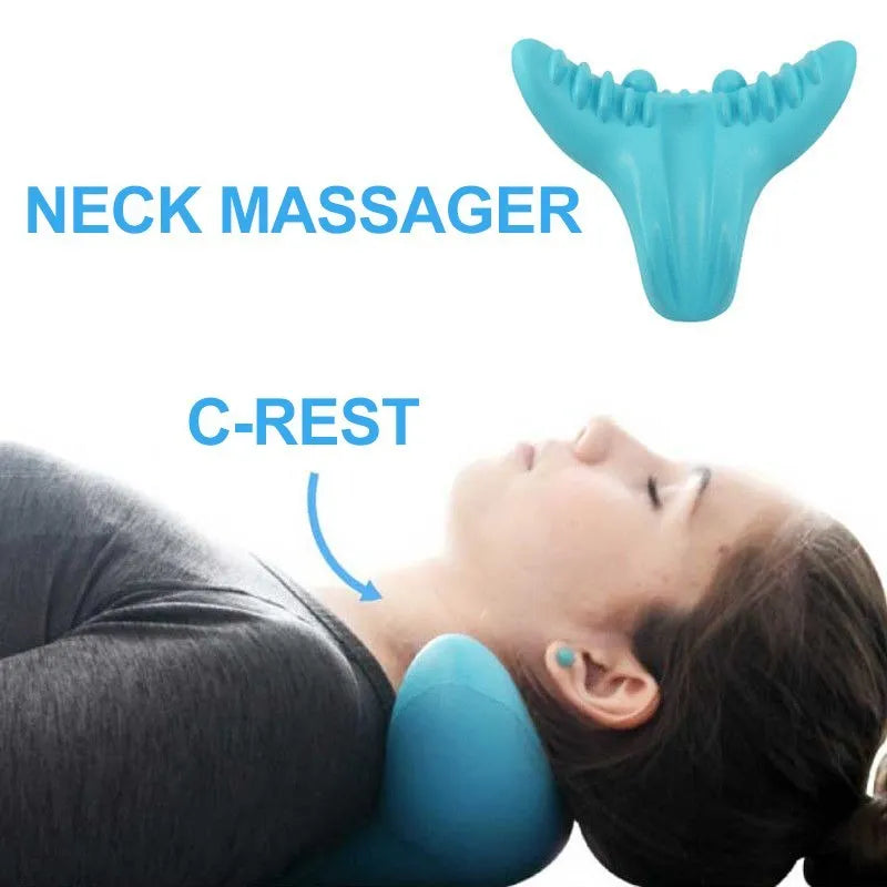 Blue Shiatsu C-rest neck pillow in memory foam, fish tail shape, 21 x 24 x 13 cm, for adult neck support