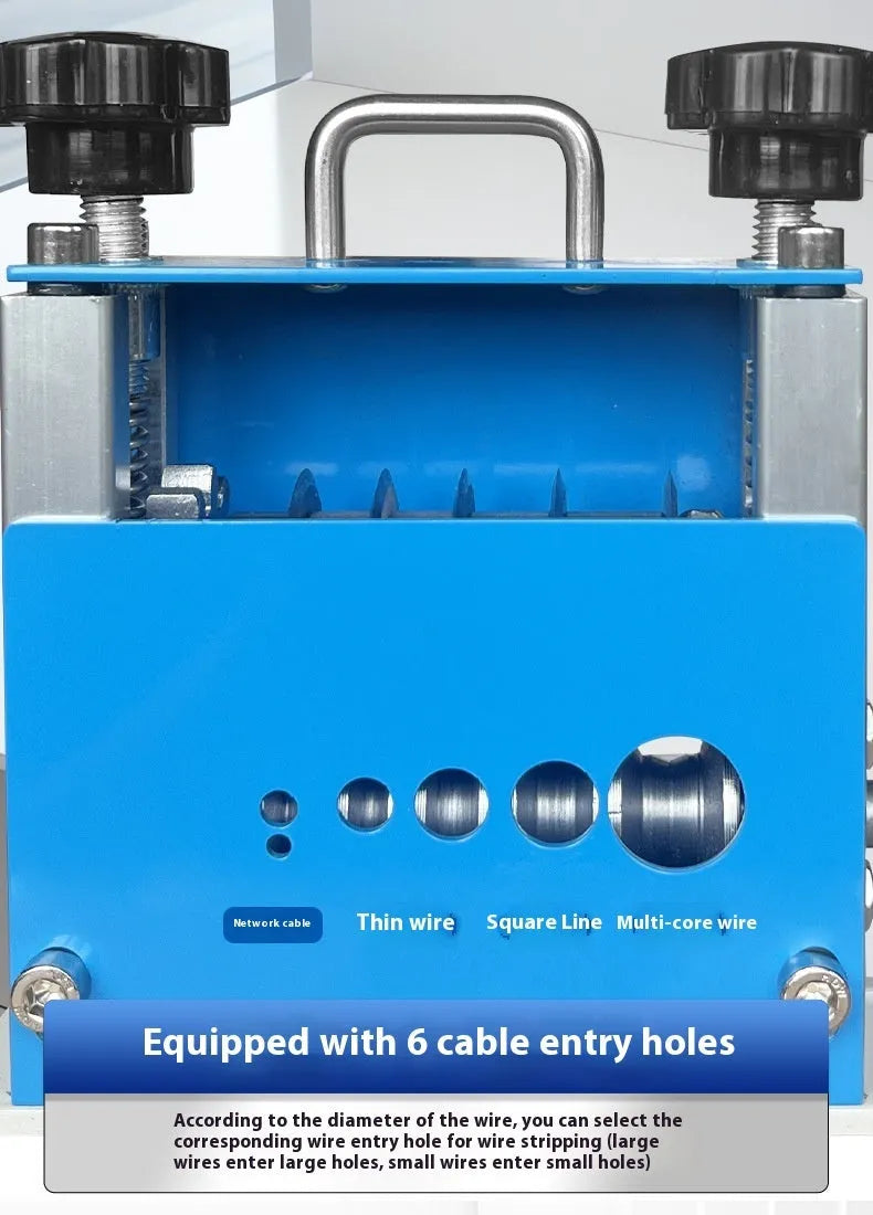 SD-017 manual wire stripping machine with crank handle on a workbench, showing scale against a cable.