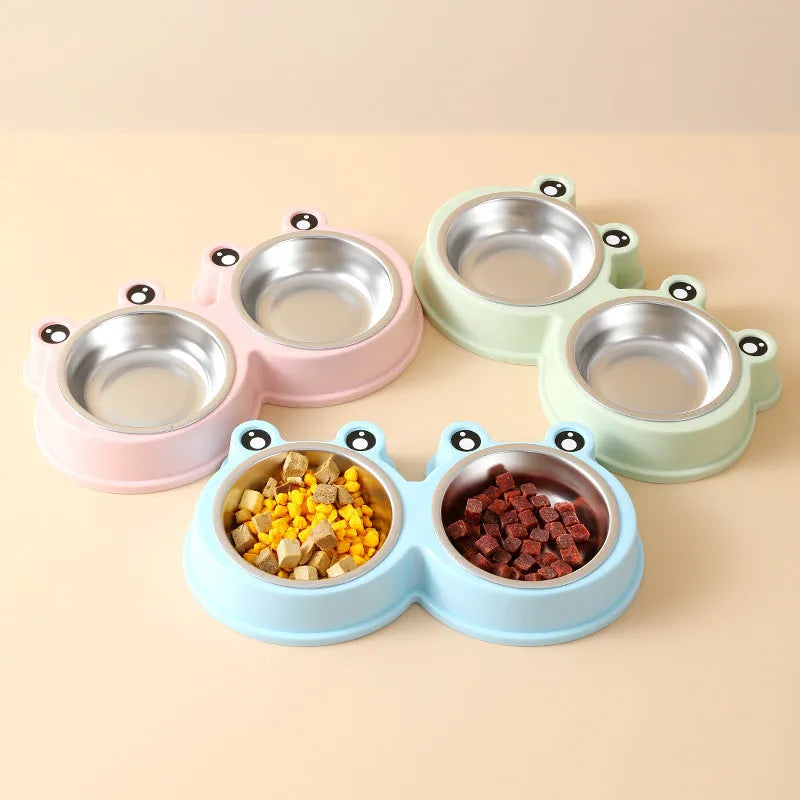 Stainless steel pet double bowl for food and water in blue, green, and pink colour options.