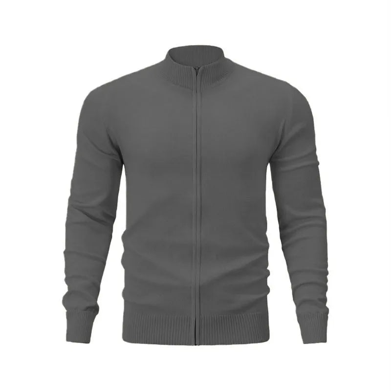 A casual loose-fit cotton cardigan with a stand collar and a full front zipper, shown in a solid colour.