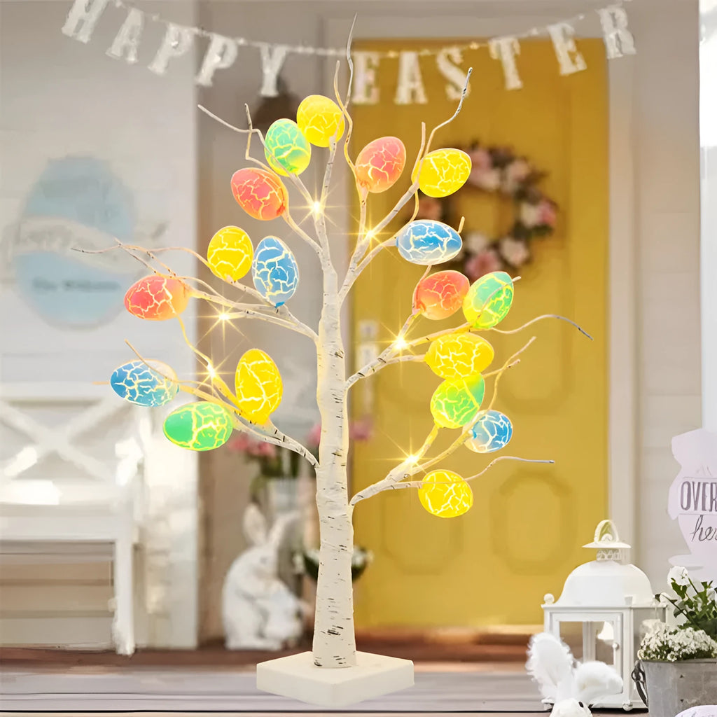 60cm white LED birch tree Easter decoration with adjustable branches and hanging cracked egg ornaments