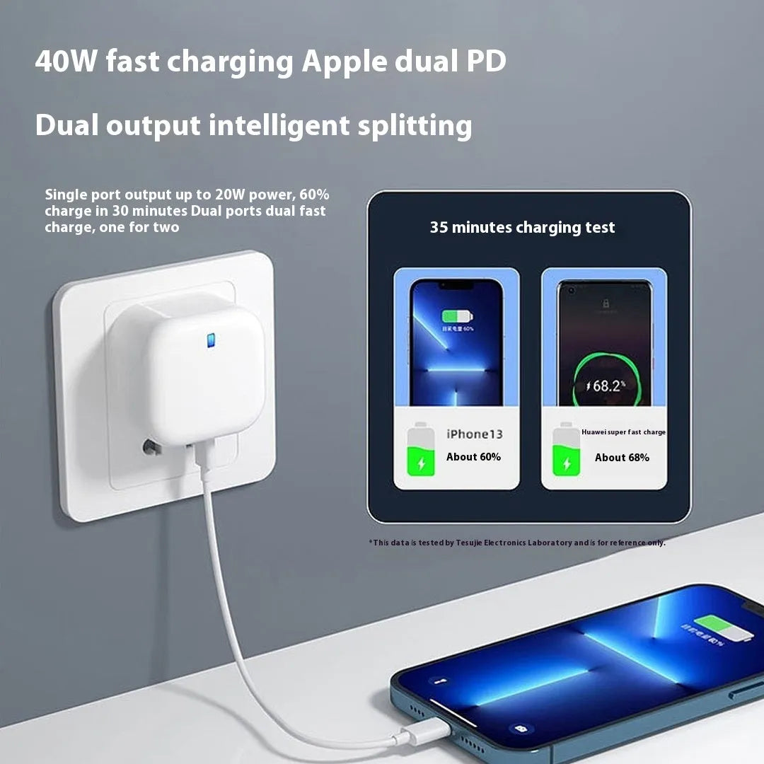 White PD40W USB-C fast charger head with Type-C interface, shown as a single mains wall plug.