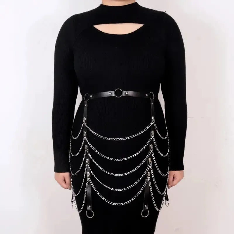 Black PU leather waist chain with bandage binding design for women's alternative fashion