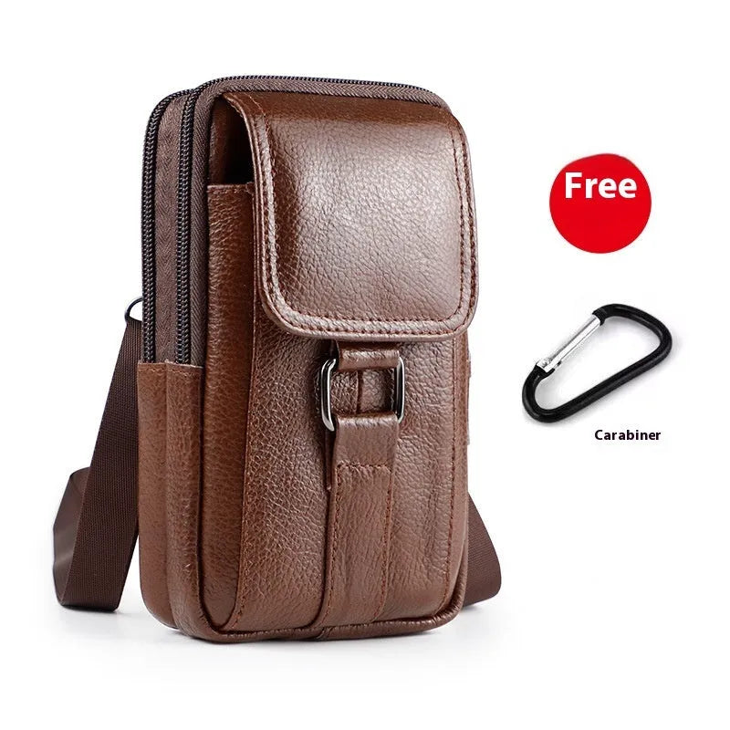 Men's genuine leather crossbody waist bag with coin pocket and lock detail in vertical square shape