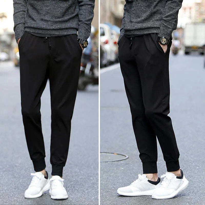 Men's black sweatpants with triple lines, slim fit, drawstring waist, sizes S-5XL