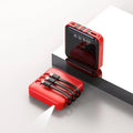 Black mirror-finish portable power bank with integrated charging cable.