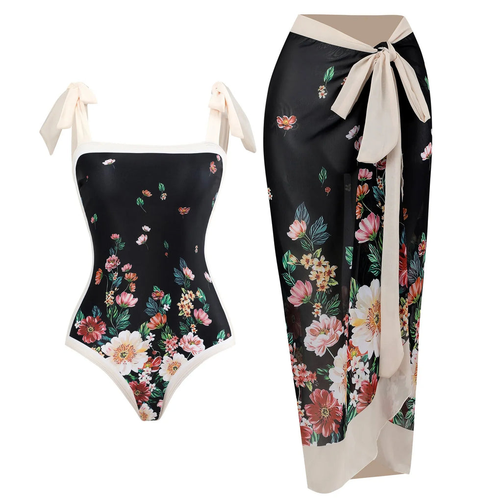 Women's one-piece swimsuit with chiffon skirt in floral pattern